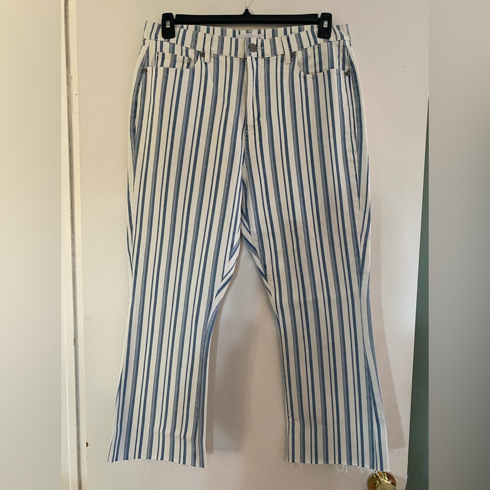 LOFT Denim Blue and Cream Striped Kick Crop Pants